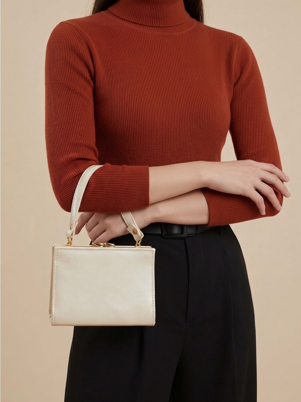 Cream Structured Top-Handle Bag EUC